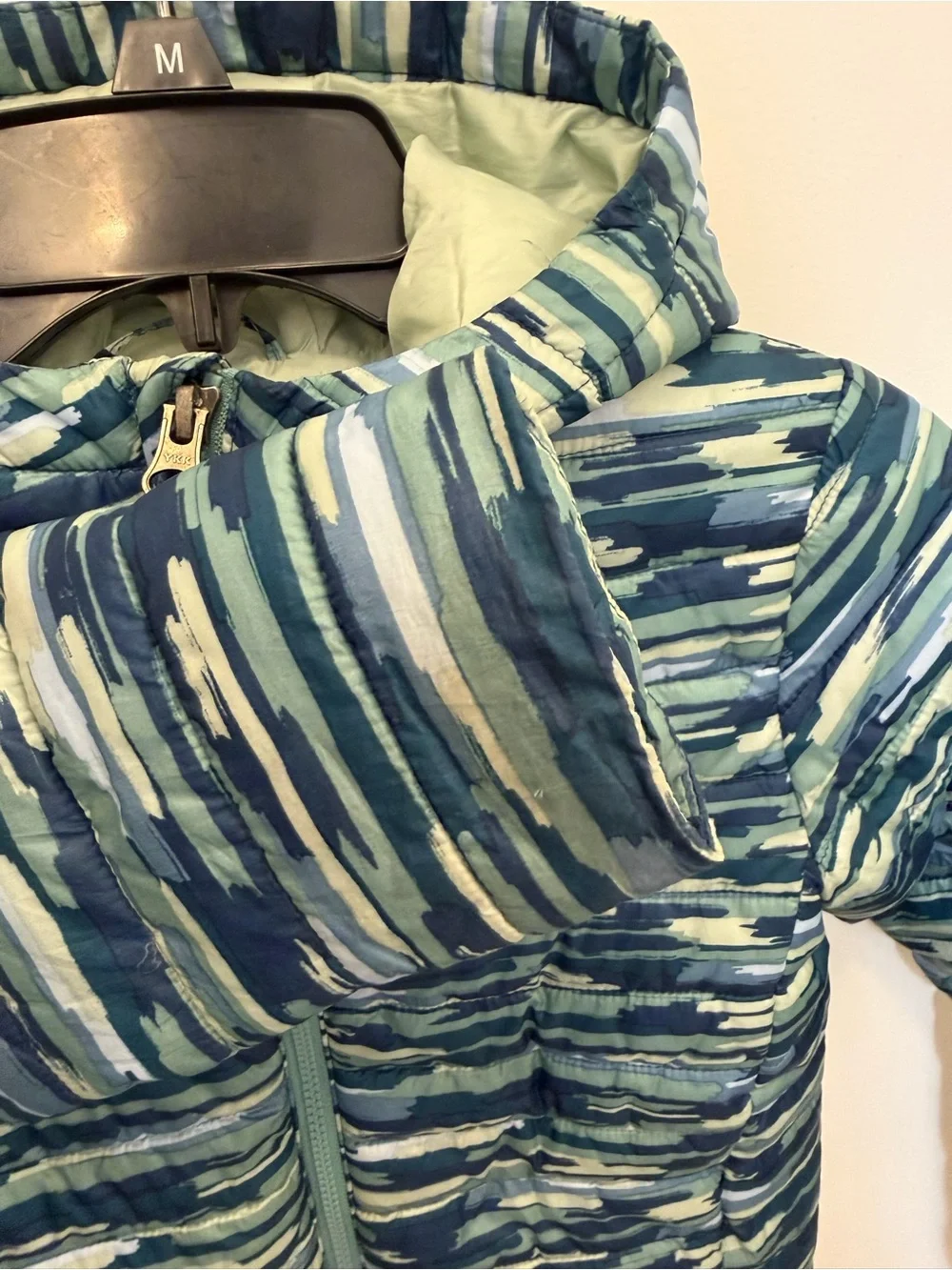 Lands' End Kids' Blue & Green Striped Camo Puffer Jacket with Hood